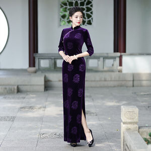 Elegant Long Velvet Qipao Dress Slimming Evening Show Dress Chinese Style New 2025 Summer Fashionable Womens Clothing