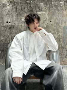Shoulder Pad Long Sleeve Mens Shirt Stylish Drapey Collar Spring Autumn Outerwear Loose Fit Youthful Trend Cotton Polyester