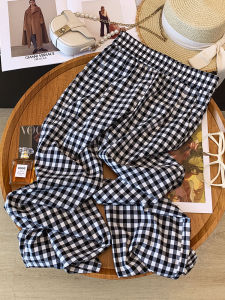 La Chapelle Womens High Waist Wide Leg Pants Summer Thin Loose Casual Trousers Plaid Lightweight Comfortable Polyester Fiber