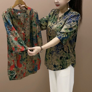 ขนาดพิเศษเสื้อโปโลแขนลำลองขาสั้นสำหรับผู้หญิงเสื้ออเนกประสงค์ทรงหลวมลายพิมพ์97กก. สำหรับฤดูร้อน