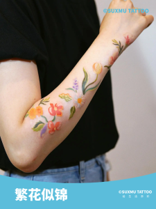 Flowers like Brocade Crayon Flower Arm Tattoo Sticker Waterproof Womens Long-Lasting Realistic Stickers