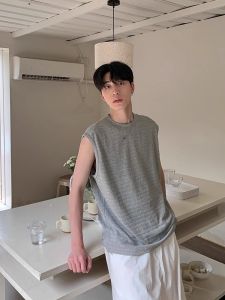 Retro Hong Kong Style Loose Fit Thin Summer Mens Tank Top round Neck Sleeveless Vest Fashionable Standard Size Polyester Fabric