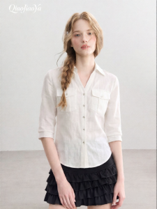QIAOJIAOYA | White V-Neck Short Sleeve Slim Fit Office Shirt