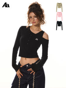 Acme Aura American Retro Irregular Long Sleeve T-Shirt Women Design Sensation Spicy Girl Slope Shoulder Base Top