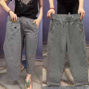 K-style Pure Cotton Chessboard Plaid Cropped Harem Pants for Women Casual Summer Thin and All-Matching Baggy Pants Loose High Waist Slimming