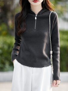 YUEXINYIRONG | 100 Pure Wool Half Zip Hooded Sweater for Women