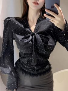 GUZILIAN | Heavy Embellished Rhinestone French Style Shirt Womens Butterfly Knot Fashionable Versatile Design Lace Long Sleeve Beautiful Top Spring