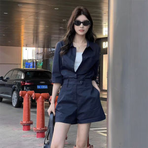 Casual Style Workwear Polo Neck Overall Pants Women Commute Slimming Versatile Waist Cinched Wide Leg Short Dress Pants