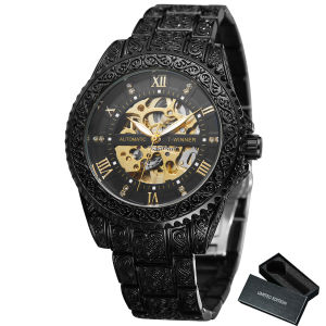 T-WINNER | WINNER Royal Retro Skeleton Mechanical Watch for Men Rotating Bezel Luminous Hands Stainless Steel Strap Automatic Watches New