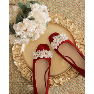 สีแดง 2-way รองเท้าเจ้าสาวรองเท้าส้นสูงสบายสําหรับเพื่อนเจ้าสาวและงานแต่งงาน Non-slip ยาง Sole Frosted Square Toe Flats