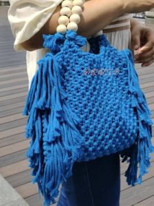 Bohemian Tassel Large Capacity Tot Bag Handmade Cotton Rope Woven Bag Wooden Bead Beach Handbag Fashionable Niche Market