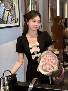 French Elegant Short Black Dress Birthday Gift for Women V-Neck Butterfly Knot Skirt Spring Summer Autumn Winter Ladies Dress