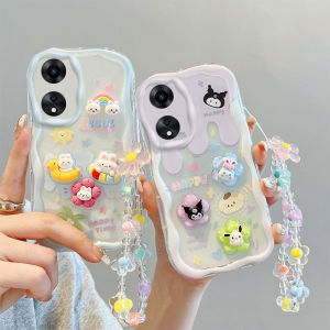 New Phone Case OPPO A58 A78 A98 A77s A57 A17 A17k A16 A16e A16k A95 A55 NFC 4G 5G INS Cute Cartoon Rainbow 3D Rabbit Snoopy Doll Cream Shockproof Casing with Flower Bracelet 2023