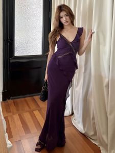 VKSOD | Váy dài không tay cổ chữ V gợi cảm mùa hè cho nữ váy dài xếp ly ren phong cách Pháp váy bó sát cạp cao