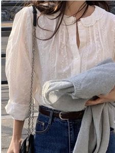 Slimming Solid Color Lace Trim Shirt Womens Street Style Polyester Long Sleeve Regular Fit Pure Color Spring Season Casual Shirt