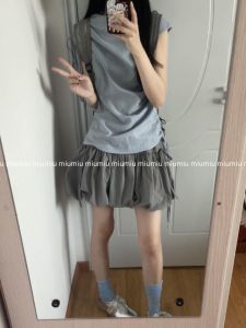 Gray Flower Bud Half Skirt Womens Summer New Korean Style Beautiful Butterfly Knot Lantern Short Puffy Skirt Small Size