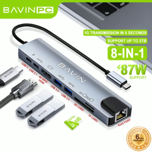 BAVIN I4 8-in-1 USB C Adapter Docking Station w/ RJ45 Ethernet Port / 4K USB C to HDMI 3 USB 3.0 Port for Data Transfer