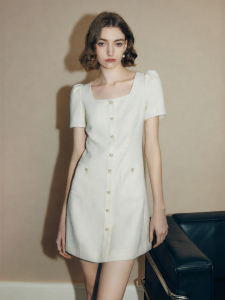 FAMANXUAN | White Square Neck French Style Dress Petite Puff Sleeves