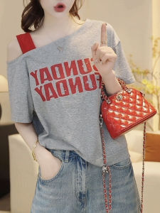 Shalldoer | Fashionable Anti-Aging Letter Print Short Sleeve T-Shirt Womens New Summer Stylish Versatile Design Shoulder Angle Top