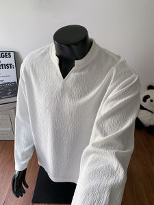 เสื้อยืดคอกว้างแขนยาวทรงหลวมสำหรับผู้ชาย เสื้อเชิ้ตคอกลมแขนยาวฤดูใบไม้ผลิและฤดูใบไม้ร่วง ทรงหลวม เสื้อเชิ้ตชั้นในระดับไฮเอนด์