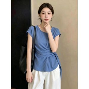 AIYITI | Attractive Blue Round Neck Short Sleeve Womens Summer New Fashion Plus Size Waist-cinching Bow-up Top