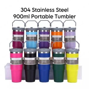 Chovy【Custom Name】 304 Stainless Steel Handheld Thermos Insulated Tumbler Hot or Cold Thermos Cup Mug Water Bottle with Straw Handle 900ML