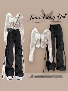 ชุดสองชิ้นสไตล์เกาหลีสำหรับผู้หญิงในฤดูใบไม้ร่วง ชุดทำงานกระชับสัดส่วน ชุดแฟชั่นสตรีท เอวสูง แขนยาว ปกปิดหน้าอก