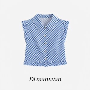 FAMANXUAN | French Style Blue and White Check Small Flare Sleeve Blouse
