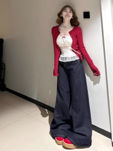 กางเกงยีนส์ขากว้างเอวสูงทรงหลวมสำหรับผู้หญิง สีน้ำเงินเข้ม ทรงหลวม ทรงตรง ทรงสลิม ทรงยาวถึงพื้น ฤดูร้อน 2025