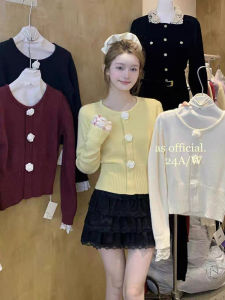 Elegant Lace Splice Long Sleeve Knitted Sweater Womens Fashionable Cardigan Top Sweet Three-Dimensional Camellia Flower Design