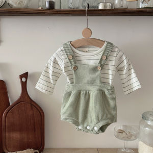 2Pcs/set Autumn New Baby Crawling Suit Set Fresh Green White Spliced Stripes Long Sleeve + Shoulder Strap Jumpsuit 0-18 Months