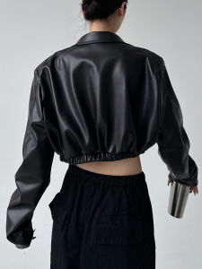 American Retro Long Sleeve Collar Leather Jacket Womens Short Motorcycle Style Spring Autumn Winter Sweet Cool Top