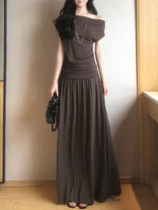 SENWA | Stylish Summer French Off-Shoulder Brown Dress 2026 New Style