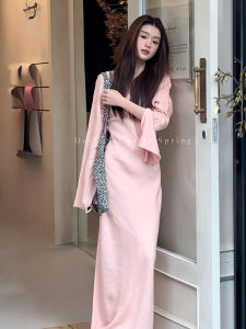 Elegant French Style V-neck Bell Sleeve Pink Dress Womens Spring New Unique Waist-cinching Long Dress Trendy High Waist Long Skirt