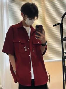 Summer Metal Button Waffle Long Sleeves Shirt American High Street Handsome Couple Shirt Men and Women Neutral Baggy Coat