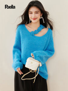 Puella Womens Loose Fit V-Neck Sweater Slimming Design Winter Fashion Korean Style 3D Flower Decoration Long Sleeve Top