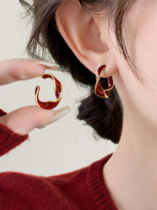 Wine Red C-Shaped Drip Glaze Female Earrings S925 Silver Pin 2026 New