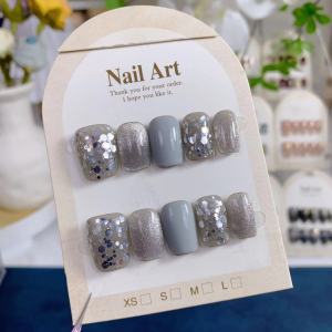 Handmade Cat Eye Wearable Nail Tips Grey Shiny Sequins French Style Nail Art False Nails Tips with Glue for Women