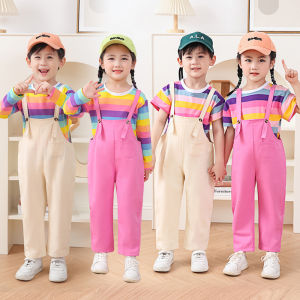 Rolanko Kids Summer Suspender Pants Set 2Pcs RainbowStripe Top+Overalls Bottoms School Students Daily Casual Wear Boys Girls Pink Beige Outfit