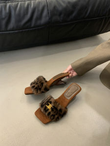 Jiji Studios Classy Square Head Classic Style Leopard Print Fluffy Shoes Women Outwear Winter French Wedge Cotton Slippers Women