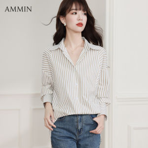 AMMIN 2023 autumn new simple lapel fashion vertical stripes intellectual commuter chiffon shirt Female Korean style vintage single-breasted cardigan Career OL elegant blouse