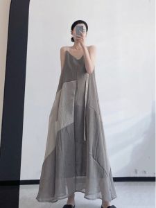 Vintage Artistic Contrast Color Ultra Long Sling Dress Ice Silk Breathable Knee-Length Sleeve-Less Dress For Women Summer Fashion