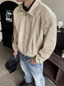 Harringtion Khaki Workwear Collared Jacket Mens American Retro Casual Commute Versatile Solid Color Outerwear Top