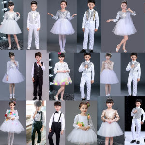 สีขาว เสื้อผ้าการแสดงเด็กแขนยาวสําหรับเด็กชายและเด็กหญิงชุดการแสดงนักร้องประถมศึกษาและมัธยมศึกษาตอนต้น