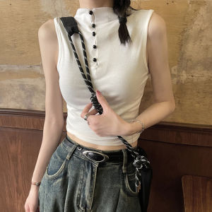 เสื้อกั๊กสายเดี่ยวคอสูงครึ่งตัวสำหรับผู้หญิง เสื้อสปอร์ตเซ็กซี่ แขนกุด ทรงเข้ารูป สไตล์อเมริกัน หวานและเผ็ดร้อน เสื้อตัวบน