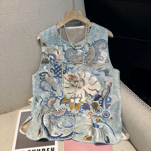 New Chinese Style Tang Suit Vest Vest Womens Clothing Spring & Fall New Arrival Ethnic Style Embroidered Chinese Knot Button Cardigan Vest Top