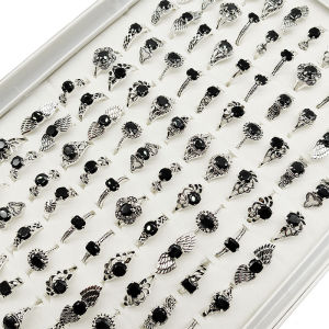 20pc/Lot Wholesale New Black Acrylic Joint Rings For Women Fashion Girl Mix Style Size Vintage Silver Plate Finger Jewelry Party