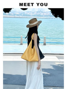 Yellow Large Capacity Commuter Womens Tote Bag Slouchy Sensation Single Shoulder Bag Korean Style Pure Color PU Leather