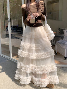 Retro Autumn 2026 New Korean Version Solid Mesh Ruffle Leaf Edge Cake Long Skirt Womens Elastic High Waist A Word Long Skirt
