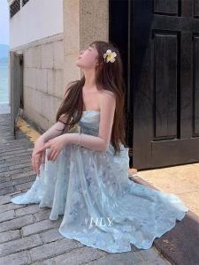 French Blue Floral Print Halter Dress Womens Summer Beach Vacation Beautiful Pure Desire Waist Cinching Long Skirt